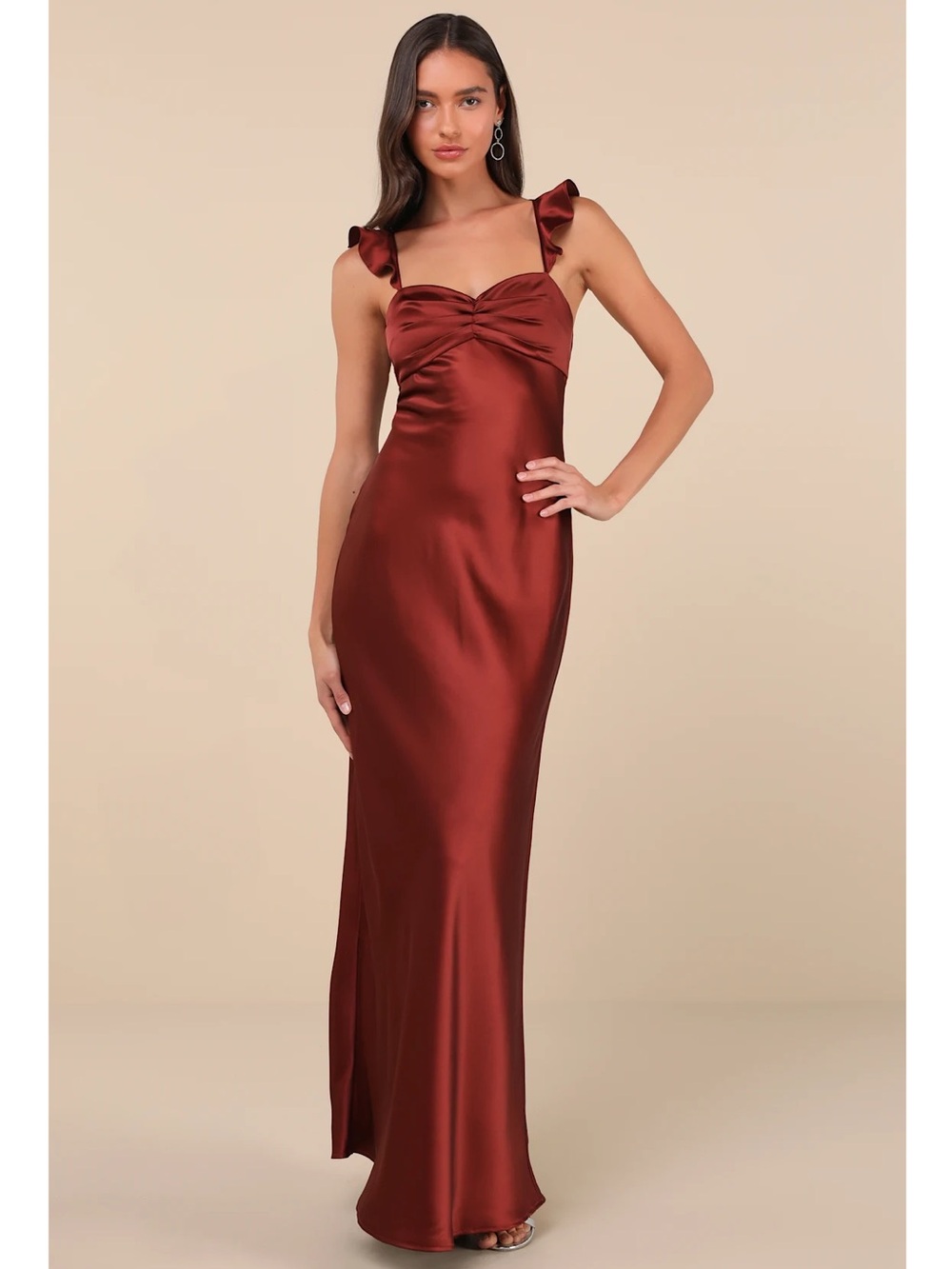 Lulus Exuberant Luxury Rust Satin Ruffled Lace-Up Straps Maxi Dress Event NWT L